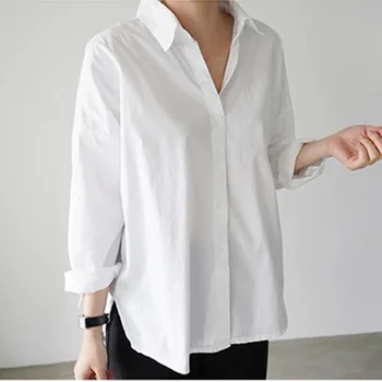 Marškinėliai moterims 2019 Mygtuką Kietas Turn-žemyn Apykaklės ponios viršūnes moterų ilgas rankovėmis marškinėliai balti korėjos mados drabužių blusas 0472