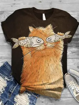 Marškinėliai moterims harajuku viršūnes moterų 2020 m. Plius Dydis-trumpomis Rankovėmis 3D Gyvūnų katė Spausdinami O-Kaklo Top Marškinėliai moteriška camiseta mujer