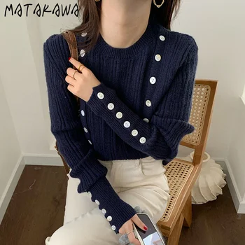 MATAKAWA Slim Fit ilgomis rankovėmis Džemperis Moterims korėjos Chic Pavasario Multi-mygtuką Stebėjimo Puloveriai O-Kaklo Megztiniai Moteris
