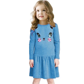 Maža mergaitė mielas spausdinimo suknelė ilgomis rankovėmis katė veido pižamą kvėpuojantis mados