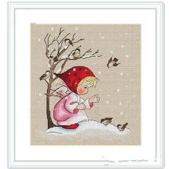 Maža mergaitė, šėrimo paukščių kryželiu rinkinys animacinių filmų mergina žiemą dizaino 14ct 11ct lino linų spalvos drobė siuvinėjimui 