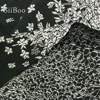 Mažas didmeninė Prancūzija stiliaus elegantiška juoda pilka įspaustu gėlių žakardo brokatas audinio suknelė kailis tissu tecidos siūlai SP4843