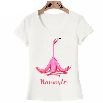 Medituojant Flamingo Yog a ir Namaste T-Shirt Vasarą Moterys trumpomis Rankovėmis Pink Flamingo Zen Menas Spausdinti Atsitiktinis Mergina Viršūnės Baltos Tees