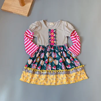 Medvilnės Bamblys daugiaspalvis su spausdinimo raukiniai Kūdikių Mergaičių suknelė gėlių Karšto Pardavimas Naujų stiliaus Suknelė metu