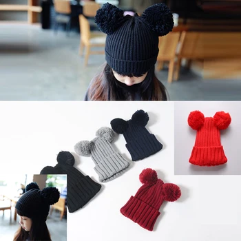 Megzti vilnos kamuolys mergina skrybėlę manžetai kūdikių skrybėlę du kamuoliukus Mickey skrybėlę rudenį ir žiemą šiltą kepurę vaikų madinga skrybėlė