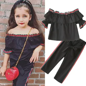 Mergaičių drabužius blyksnius rankovės vienas žodis apykaklės viršūnes + kelnės 2 vnt drabužių rinkiniai vaikų Europoje ir Amerikoje ins vasaros drabužių