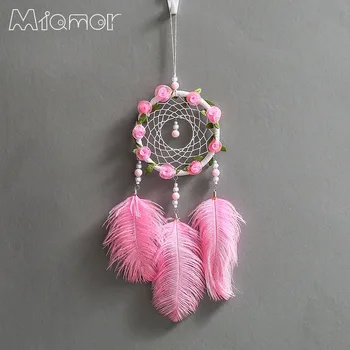 MIAMOR Rožinė Stručio Plunksna Dreamcatcher Su Styginių Šviesos Vaikas Miegamojo Sienos Kabo Pakabukas Apdailos Vėjo Ornamentu Amor070
