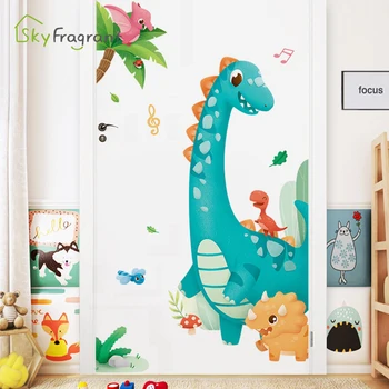 Mielas dinozauras animacinių filmų sienų lipdukai durų lipdukas lipnios vaikai kambario dekoro miegamojo sienos dekoro lipni namų dekoro