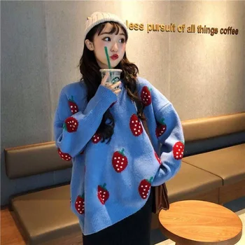Mielas Korėjos Mados Ponios Visą Rankovės Moterų Mezgimo Megztinis O-Kaklo Megztinis Ir Megztinis Prarasti Mielas Vaisių Spausdinti Džemperis Moterims