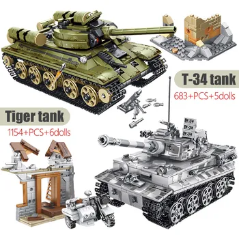 Miestas Armijos Sunkvežimių vokietijos Tigras Tankas T-34 Kūrimo Blokai Kariuomenės Kareivis WW2 Duomenys Ginklas plytų Žaislai Vaikams