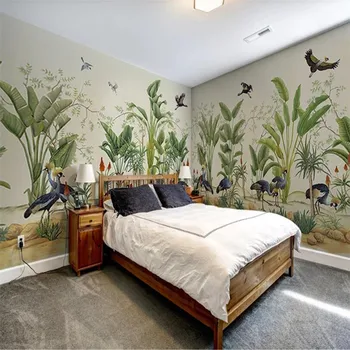 Milofi užsakymą 3D tapetai, freskos viduramžių ranka-dažytos atogrąžų augalai, gėlės ir paukščiai, fonas, tapetai sienų apdaila
