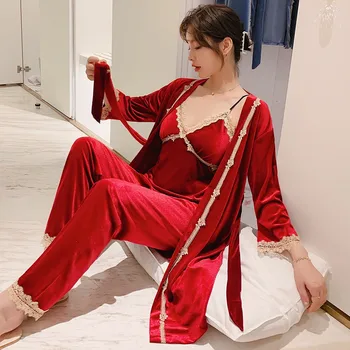 Minkštas Aksominis Kimono Skraiste Suknelė Sleepwear Moterų 3PCS Pižama Kostiumas Rudenį Naujų Veliūras Seksualus naktiniai drabužiai Intymus apatinis Trikotažas Homewear