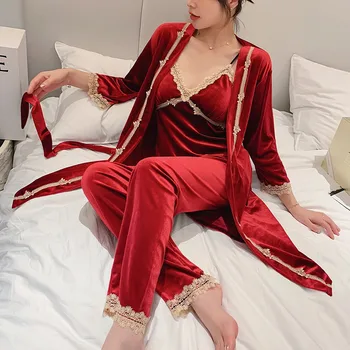Minkštas Aksominis Kimono Skraiste Suknelė Sleepwear Moterų 3PCS Pižama Kostiumas Rudenį Naujų Veliūras Seksualus naktiniai drabužiai Intymus apatinis Trikotažas Homewear