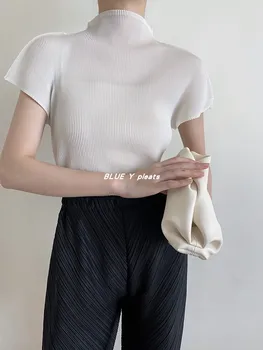 Miyake plisuotos viršūnės pusę-aukštos kaklo profile black plius dydis t marškinėliai moterims 2020 m. pavasario vasaros omighty viršuje estetinės drabužiai
