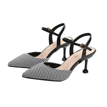 Mišrios spalvos houndstooth moterų batai vasaros pledas pažymėjo tne sagtis siurbliai sandalai seklių ploni kulniukai zapatos mujer diržas atgal