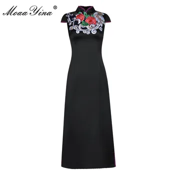 MoaaYina Mados Dizaineris suknelė Vasaros Moterų Suknelė Stovėti Apykaklės Gėlių Siuvinėjimo Rinkinį sėdmenų Padalinta Suknelės
