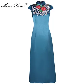 MoaaYina Mados Dizaineris suknelė Vasaros Moterų Suknelė Stovėti Apykaklės Gėlių Siuvinėjimo Rinkinį sėdmenų Padalinta Suknelės