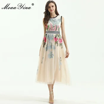 MoaaYina Mados Dizaineris suknelė Vasaros Moterų Suknelė be Rankovių Akių Gėlių Siuvinėjimas Slim Suknelės