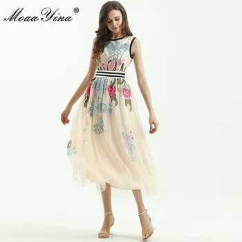 MoaaYina Mados Dizaineris suknelė Vasaros Moterų Suknelė be Rankovių Akių Gėlių Siuvinėjimas Slim Suknelės