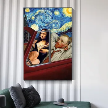 Mona Lisa Vairavimo ir Juokinga Meno Van Gogo Drobės Plakatai Abstrakčiai Rūkymas Tapybos ant Drobės Sienos Nuotraukas Namų Sienų Dekoras