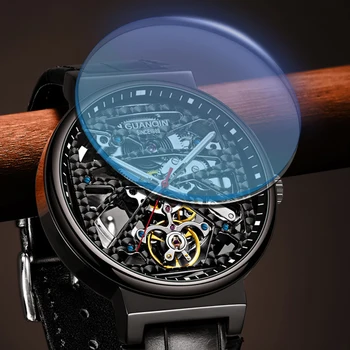 Montre Homme GUANQIN Automatinė Safyras Mechaninė Vyrai Žiūrėti Skeletas Vandeniui Kalendorius 316L Plieno Laikrodis zegarek męski