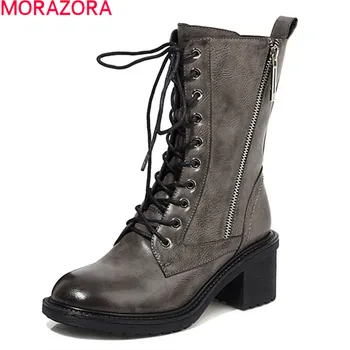 MORAZORA 2020 Naujų karšto pardavimo moterų batai aikštėje kulniukai, suapvalinti tne nėrinių ponios batai žiemą vientisos spalvos batai juoda pilka