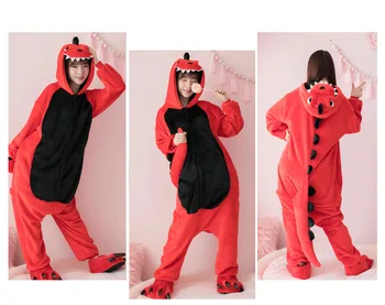 Moteris Dinozaurų Kigurumi Onesies Kostiumai Suaugusiems vaikams su Gobtuvu gyvūnų animacinių filmų pižama raudona Dinozaurų namuose mėgėjams ilgomis rankovėmis Jumpsuits