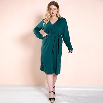 Moteris pavasarį, rudenį plius dydis suknelė moterims prarasti atsitiktinis didelis, ilgomis rankovėmis, V-kaklo low-cut suknelės diržas žalia 3XL 4XL 5XL 6XL