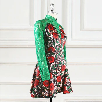 Moteris Spausdinti Gėlių Suknelė Matyti Per Žalia Nėrinių Kratinys ilgomis Rankovėmis Aukštos Collor Seksualus Šalies Kalėdų Dienos Naktį Vestidos XL