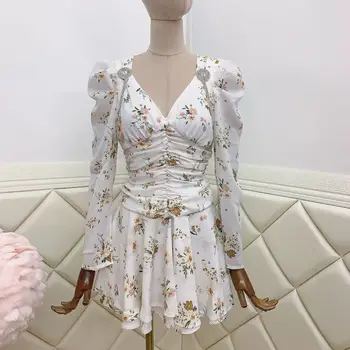 Moteris suknelė Seksualus V-kaklo Balta Gėlių Šifono Suknelė Moterų ilgomis Rankovėmis 2021 Naujas Vasaros Ruched Suknelės vestido de mujer skraiste