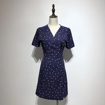 Moteris tamsiai mėlyna bžūp rankovėmis suknelė vasaros stiliaus polka dot spausdinti užsiliepsnojo mini suknelė
