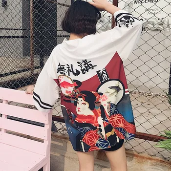Moteriški Japonų Stiliaus Megztinis Kimono Ponios Spausdinti Vasaros Mados Laisvas Nuo Saulės Marškinėliai