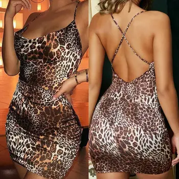 Moteriški Leopard seksualus vasaros spageti dirželis backless o-kaklo, Rankovių Bodycon Suknelė Slim Fit Šalies Kokteilis Trumpa Mini Suknelė