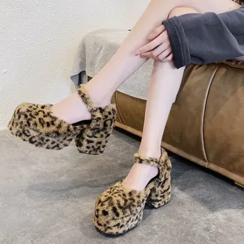 Moteriški, Suapvalinti Tne Leopard Pūkuotas Kailio Mišrios Spalvos Platformos Siurbliai Blokuoti Aukšto Kulno, Kulkšnies Diržo Sagtis Retro Bateliai Lolita Cosplay Sexy