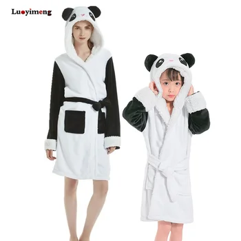 Moterys, Vaikai Panda Bathroben Mergaitėms Pajmaas Žiemą Šiltas Storas Vienaragis Vonia, Chalatas, Gyvūnų Gobtuvu Padažu Suknelė Kūdikių Berniukų Sleepwear