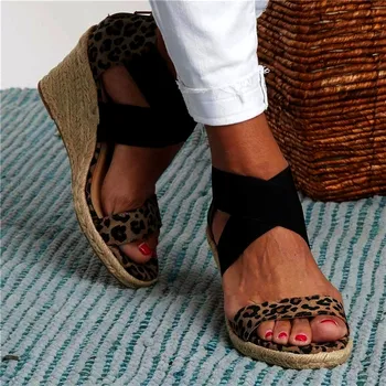 Moterys Vasarą Pleištai Sandalai Leopard Kryžiaus Susieti Snakeskin Ponios Atidaryti Kojų Užtrauktukas Moterų Paplūdimio Bateliai Minkšti Kanapių Apačioje Plius Dydis Naujas