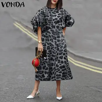 Moterys Vidurio Blauzdos Suknelė Vintage Sluoksniuotos Rankovėmis Leopardas Spausdinti Suknelė 2021 VONDA Vasaros Atostogų Sundress Atsitiktinis Plus Size Vestidos