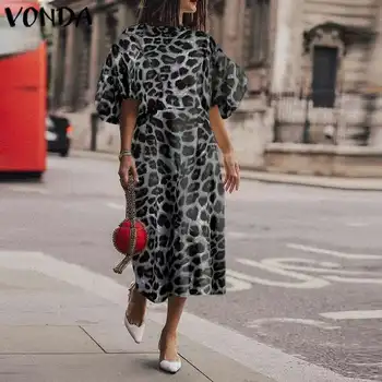 Moterys Vidurio Blauzdos Suknelė Vintage Sluoksniuotos Rankovėmis Leopardas Spausdinti Suknelė 2021 VONDA Vasaros Atostogų Sundress Atsitiktinis Plus Size Vestidos