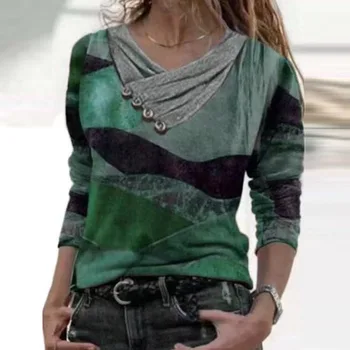 Moterų Atsitiktinis Mygtuką Spausdinti Palaidinės, Marškinėliai Vintage V Kaklo Plus Size Laisvas Megztinis Mados Viršūnes ilgomis Rankovėmis Blusa Streetwear 3XL