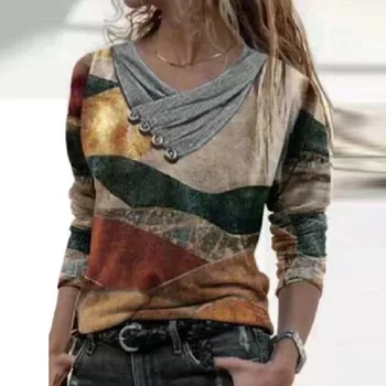Moterų Atsitiktinis Mygtuką Spausdinti Palaidinės, Marškinėliai Vintage V Kaklo Plus Size Laisvas Megztinis Mados Viršūnes ilgomis Rankovėmis Blusa Streetwear 3XL