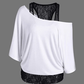 Moterų Batwing Rankovės T Shirts 2019 M. Pavasarį, Rudenį Nėrinių Kratinys Basic marškinėliai Moteriška Atsitiktinis Palaidų Viršūnes Tees Femme