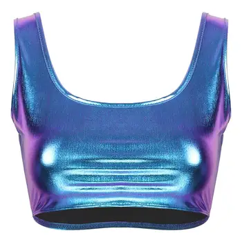 Moterų Blizgios Metalinės Rankovių Tampri Pasėlių Viršuje Etapo Rezultatus Šalies Rave Seksualus Viršūnes Polių Kostiumas Activewear