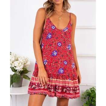 Moterų Boho Paplūdimio Suknelė Be Rankovių Gėlių V Kaklo Strappy Vasaros Suknelės Atsitiktinis Palaidų Sundress Trumpą Suknelę Vestidos Karšto 29 Stilius