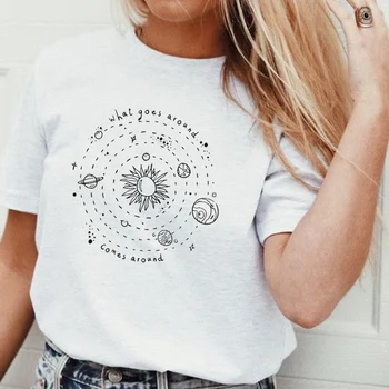Moterų Boho Stiliaus Saulės Sistema T-Shirt Vasaros Atsitiktinis Medvilnės Trumpomis Rankovėmis Tee Moterų Mielas Estetinės Bohemijos Marškinėlius Hipster Viršų