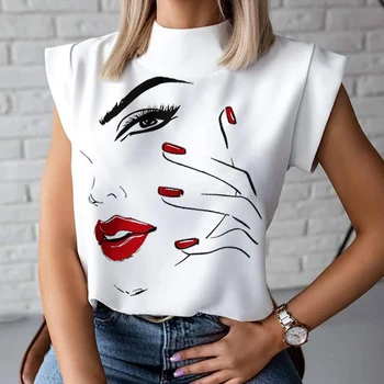 Moterų Elegantiškas Lūpų Spausdinti marškinėliai 2020 metų Vasaros Atsitiktinis Stovėti Kaklo Puloveriai viršūnes Ponios Mados mielas Akis T-trumpomis Rankovėmis t-shirt