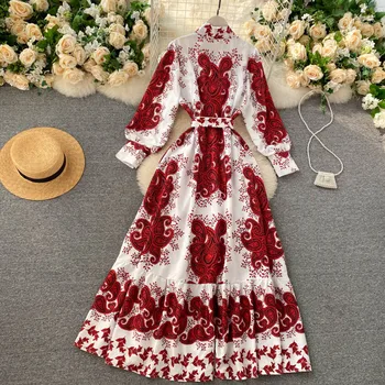 Moterų Europos Prašmatnus Vintage Suknelė Rudenį Kontrasto Spalvų Gėlių Spausdinti Sluoksniuotos Rankovėmis Stovėti Apykaklės Padalinta Ilga Suknelė Vestidos GK411