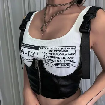 Moterų Harajuku Goth Punk Pasėlių Viršuje Dirbtiniais Odos Seksualus, Atviras Čempionatas Krūtinės Diržas Liemenės Sagtis, Užtrauktukas Petnešos Klubas Streetwear