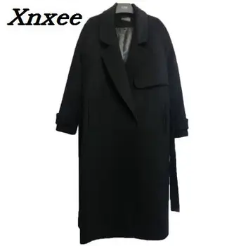 Moterų ilgas vilnonis paltas su diržu ilgomis rankovėmis moteriška paltas prarasti kašmyras viršutinių drabužių siuvimas žiemą, rudenį tranšėjos paltai plius dydis Xnxee