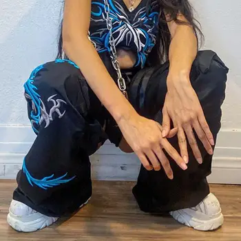 Moterų kelnės Dragon Spausdinti Palaidi Kelnės Moterims Aukšto Juosmens Iškirpti Tiesios Kelnės Sportui Ponios Hip-Hop Atsitiktinis Juoda Kelnių