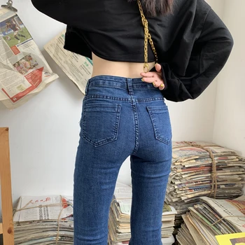 Moterų Mados Atsitiktinis High Waisted Džinsinio Džinsus elastinga flare kelnės džinsai